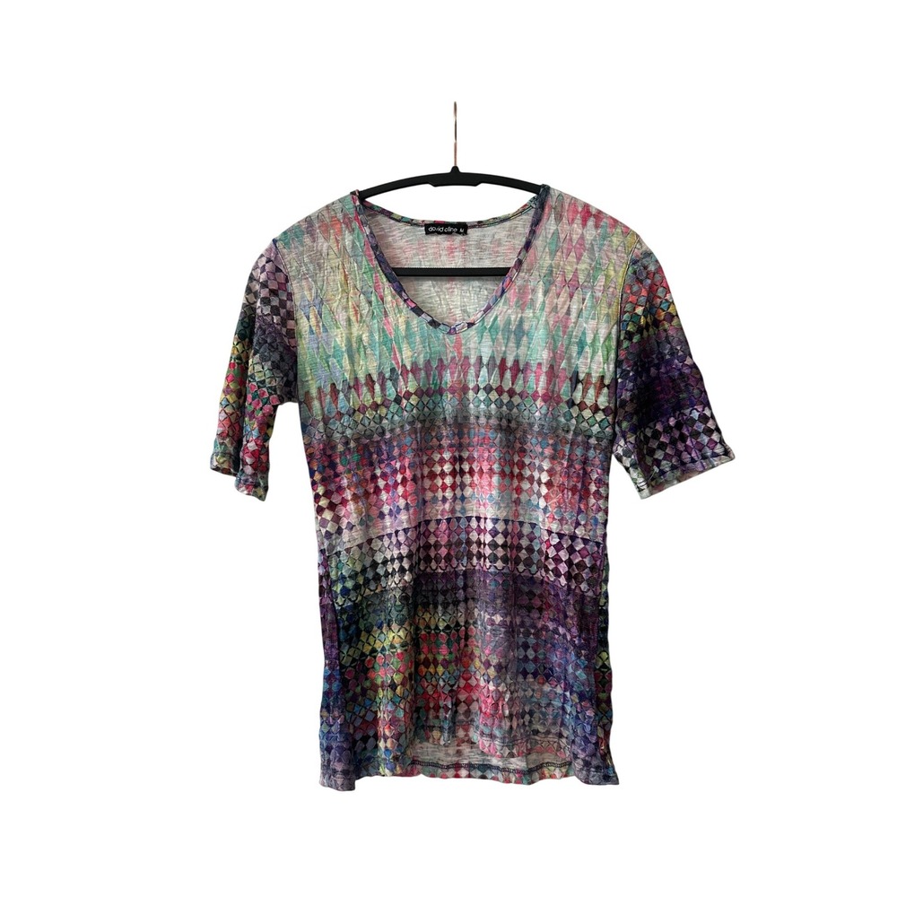 David Cline Womens Multicolor Geometric Diamond Crinkle V-Neck  M